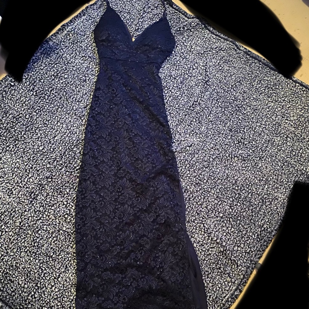 Dark blue glittery lace prom dress